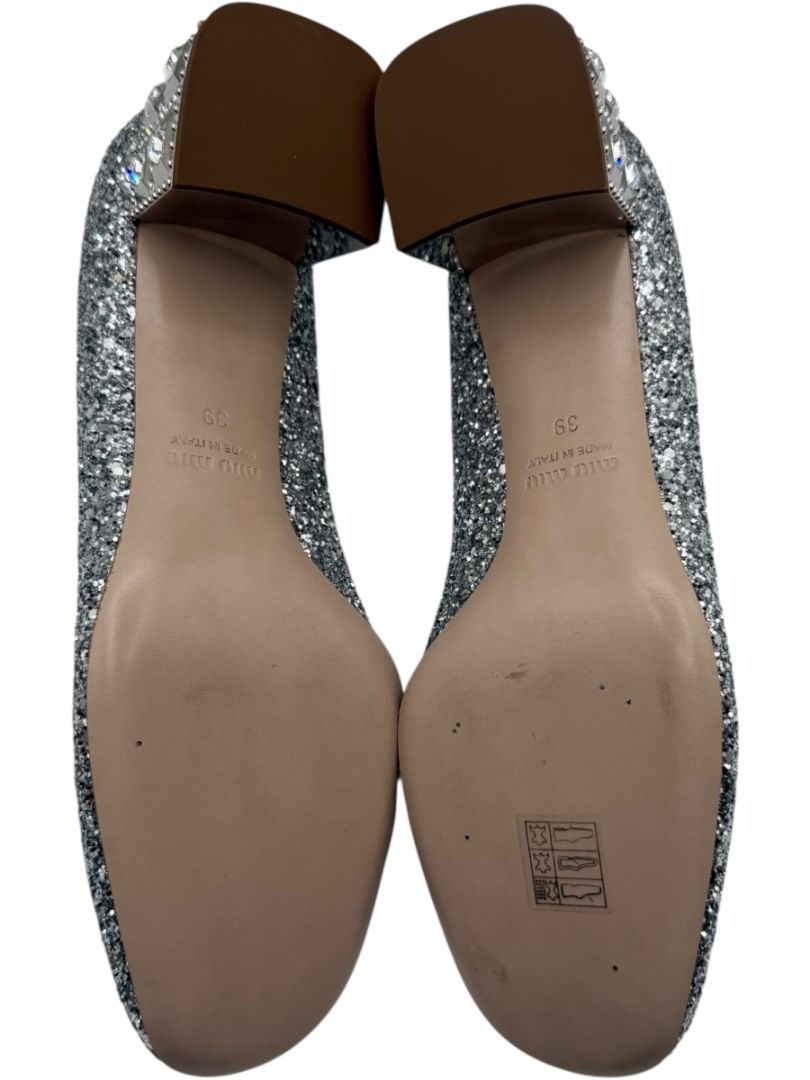 Miu Miu Silver Glitter Block Heel Pumps - Size 39