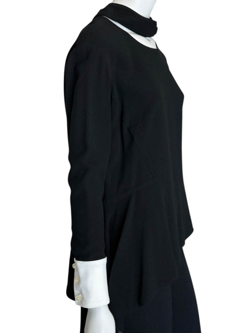 Pamella Roland Black Asymmetrical Blouse with Contrast Cuffs – Large