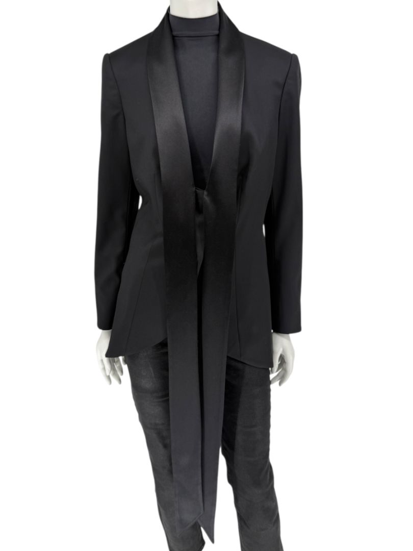 Pamella Roland Black Satin Tie Front Tuxedo Blazer Jacket - Large