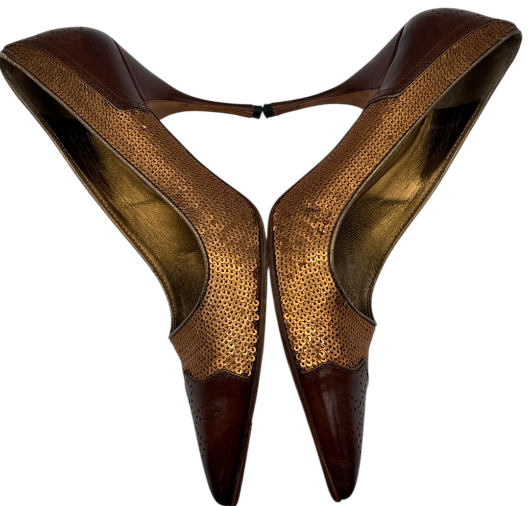 Prada Brown Leather & Sequin Pointed Toe Pumps – Size 36.5 – Good Preowned Condition