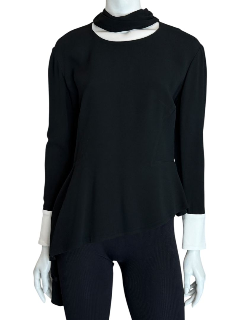 Pamella Roland Black Asymmetrical Blouse with Contrast Cuffs – Large
