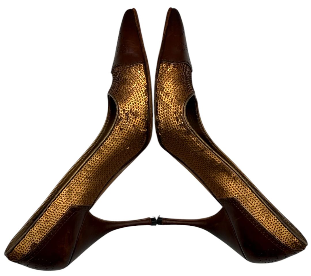 Prada Brown Leather & Sequin Pointed Toe Pumps – Size 36.5 – Good Preowned Condition