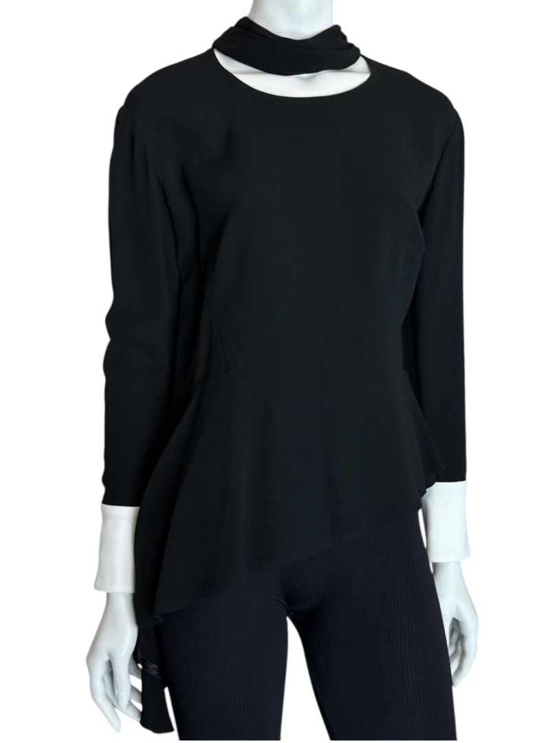 Pamella Roland Black Asymmetrical Blouse with Contrast Cuffs – Large