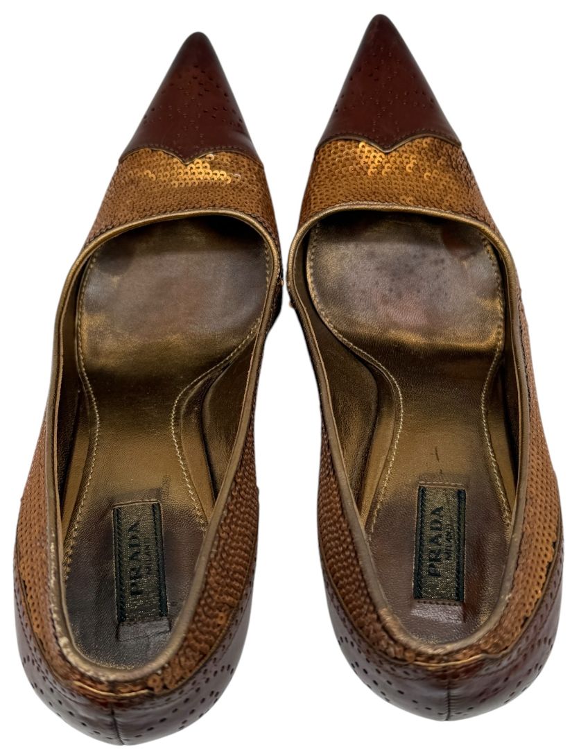Prada Brown Leather & Sequin Pointed Toe Pumps – Size 36.5 – Good Preowned Condition