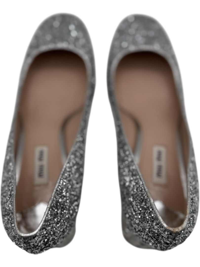 Miu Miu Silver Glitter Block Heel Pumps - Size 39