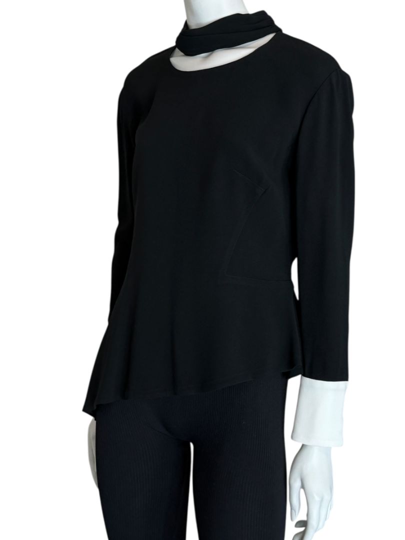 Pamella Roland Black Asymmetrical Blouse with Contrast Cuffs – Large