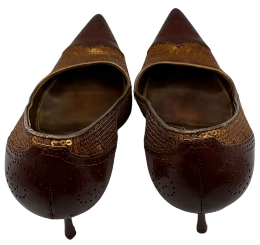 Prada Brown Leather & Sequin Pointed Toe Pumps – Size 36.5 – Good Preowned Condition