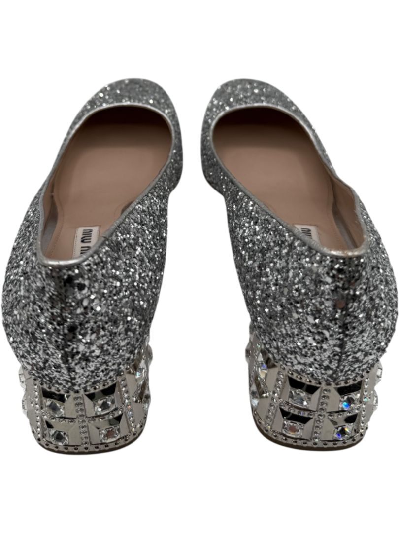Miu Miu Silver Glitter Block Heel Pumps - Size 39