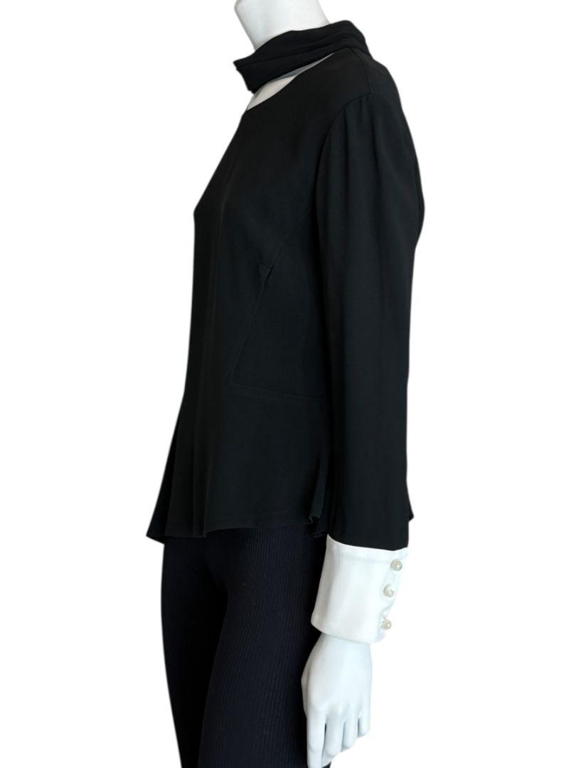 Pamella Roland Black Asymmetrical Blouse with Contrast Cuffs – Large