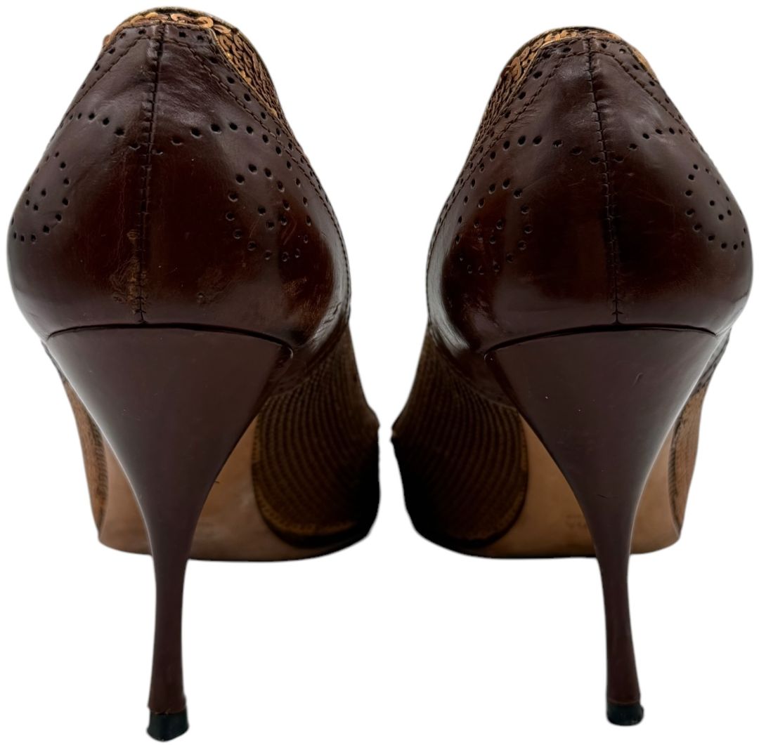 Prada Brown Leather & Sequin Pointed Toe Pumps – Size 36.5 – Good Preowned Condition
