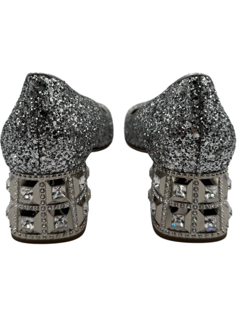 Miu Miu Silver Glitter Block Heel Pumps - Size 39