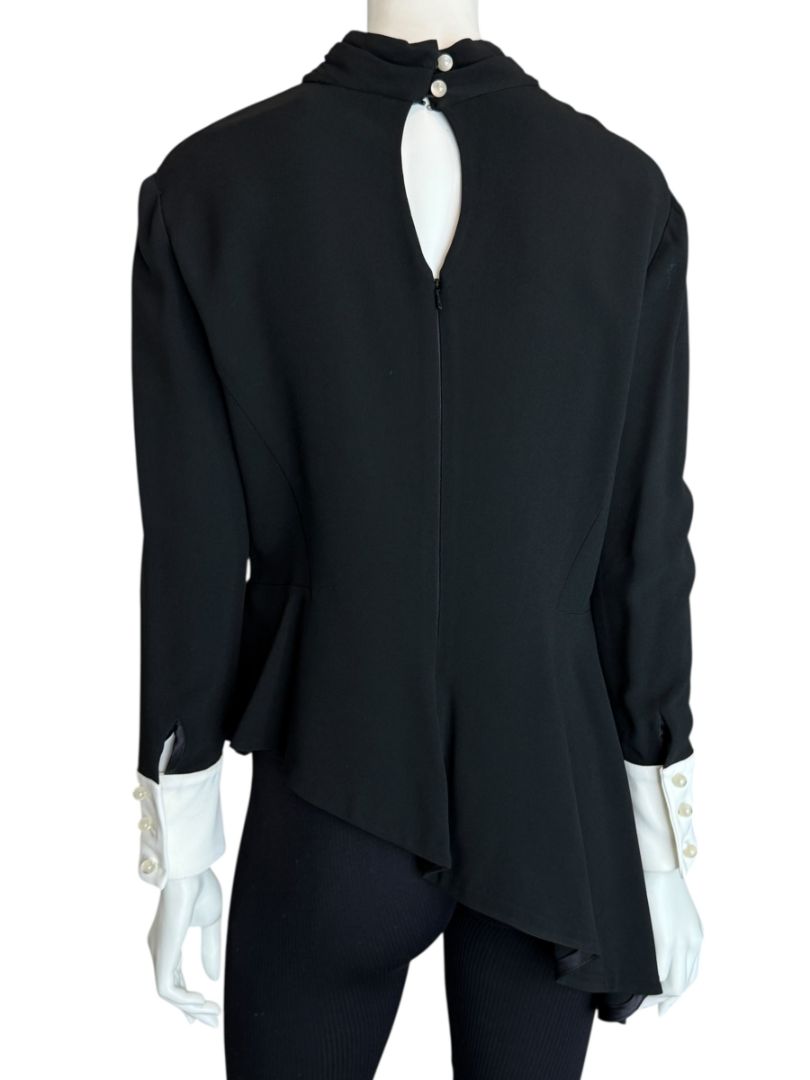 Pamella Roland Black Asymmetrical Blouse with Contrast Cuffs – Large