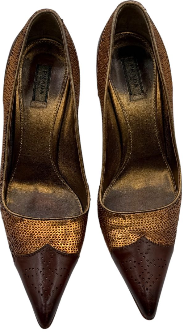 Prada Brown Leather & Sequin Pointed Toe Pumps – Size 36.5 – Good Preowned Condition