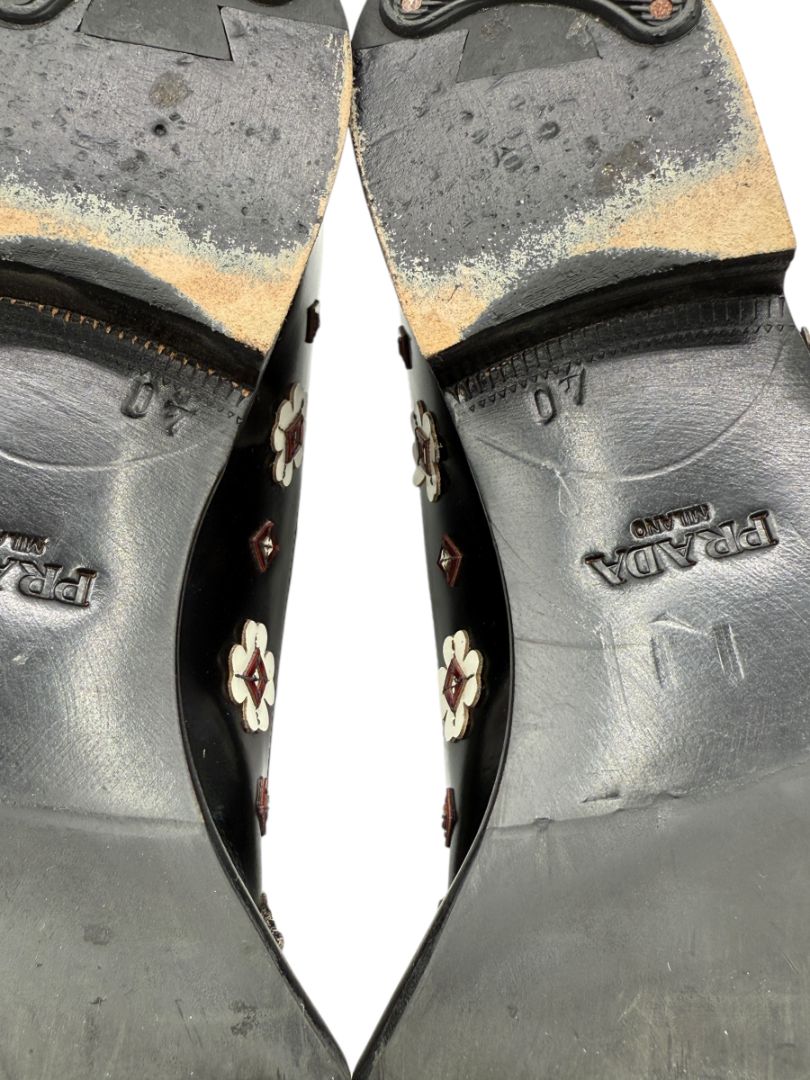 Prada Studded Floral Leather Oxfords – Size 40