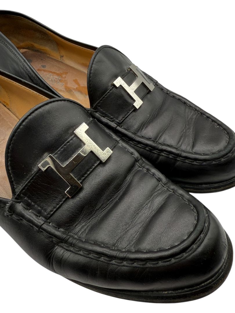 Hermès Black Leather H Logo Loafers – Size 41