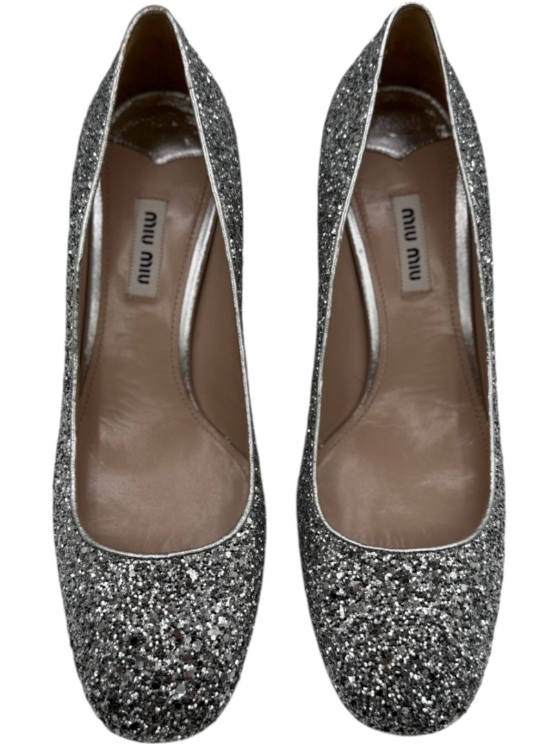 Miu Miu Silver Glitter Block Heel Pumps - Size 39