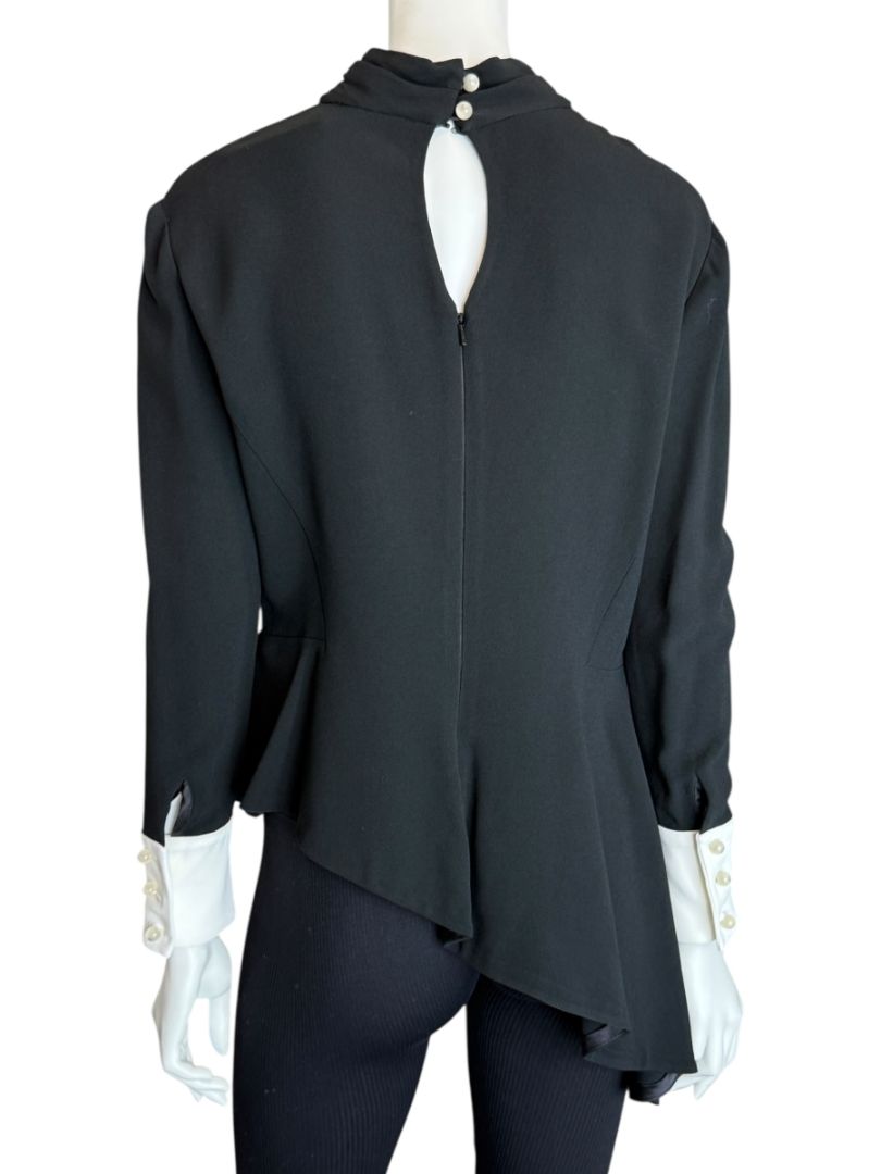 Pamella Roland Black Asymmetrical Blouse with Contrast Cuffs – Large