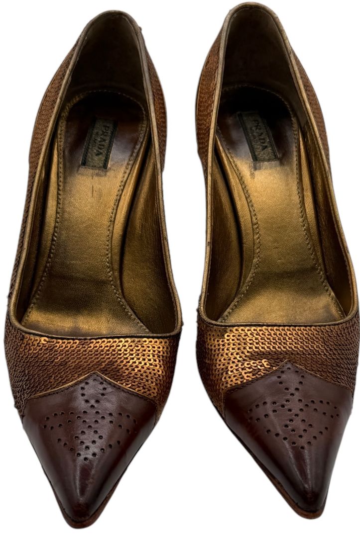 Prada Brown Leather & Sequin Pointed Toe Pumps – Size 36.5 – Good Preowned Condition