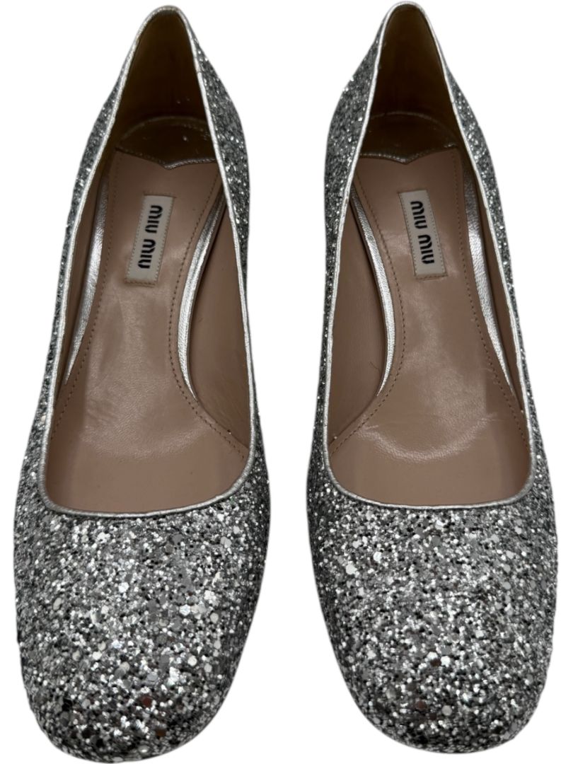 Miu Miu Silver Glitter Block Heel Pumps - Size 39