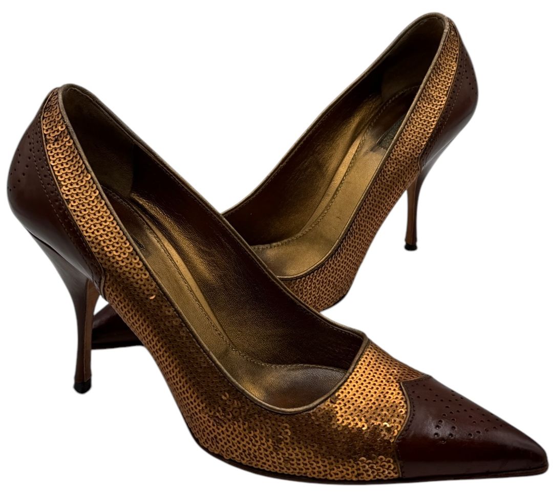 Prada Brown Leather & Sequin Pointed Toe Pumps – Size 36.5 – Good Preowned Condition