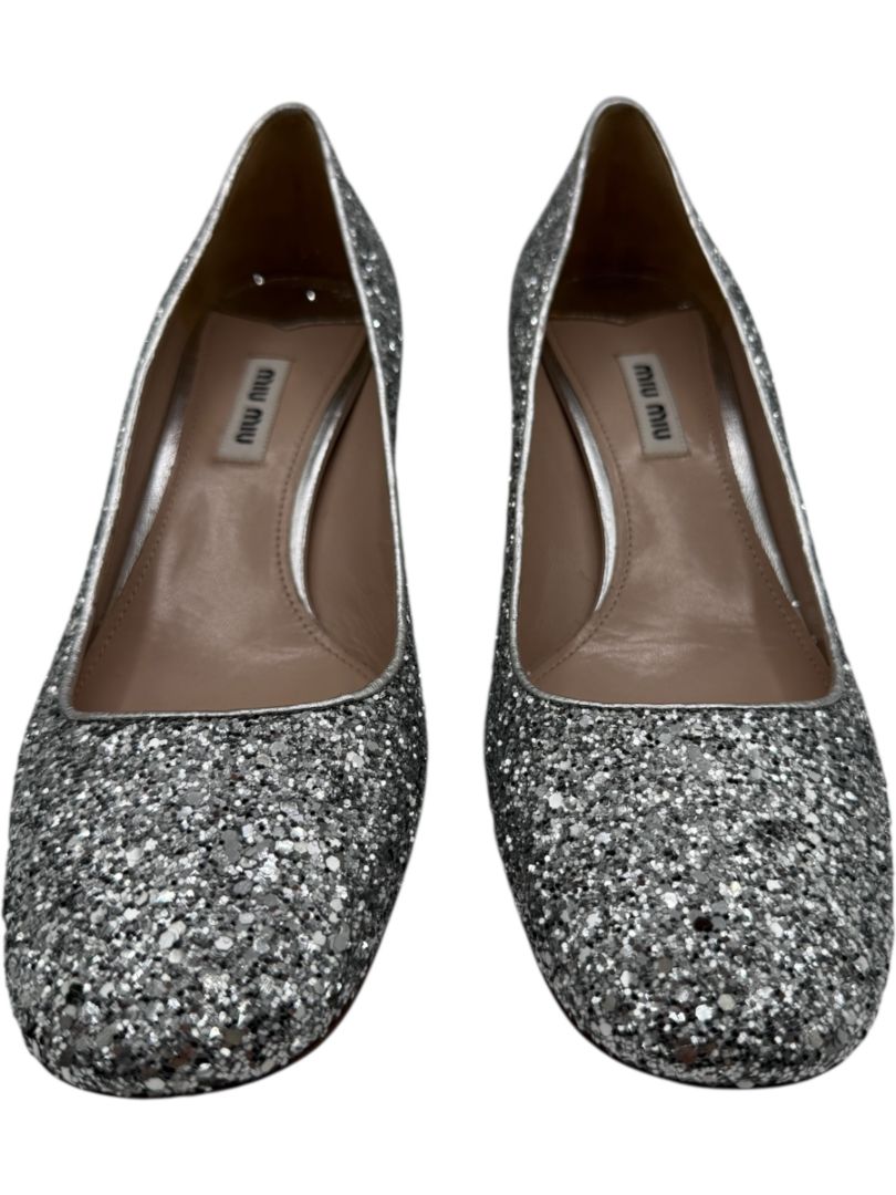 Miu Miu Silver Glitter Block Heel Pumps - Size 39