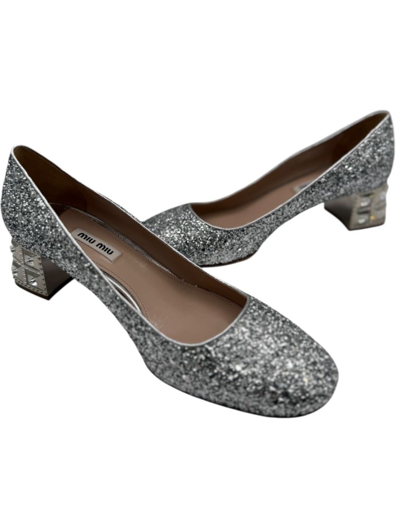 Miu Miu Silver Glitter Block Heel Pumps - Size 39