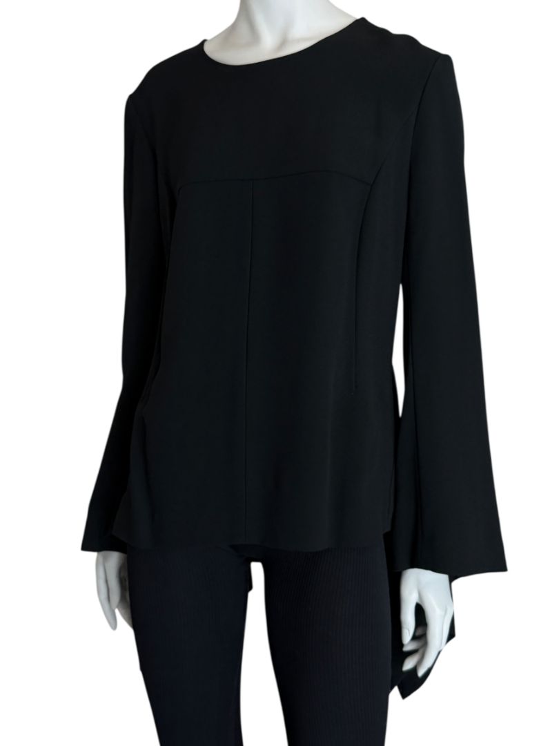 Pamella Roland Peplum Black Blouse with Bell Sleeves - Large