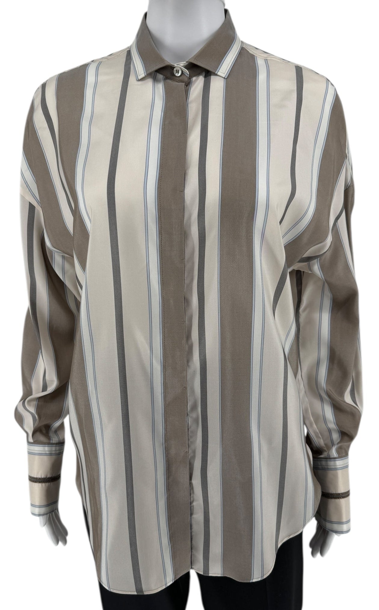 Brunello Cucinelli Italian Silk Striped Shirt with Monili Trim – Size M