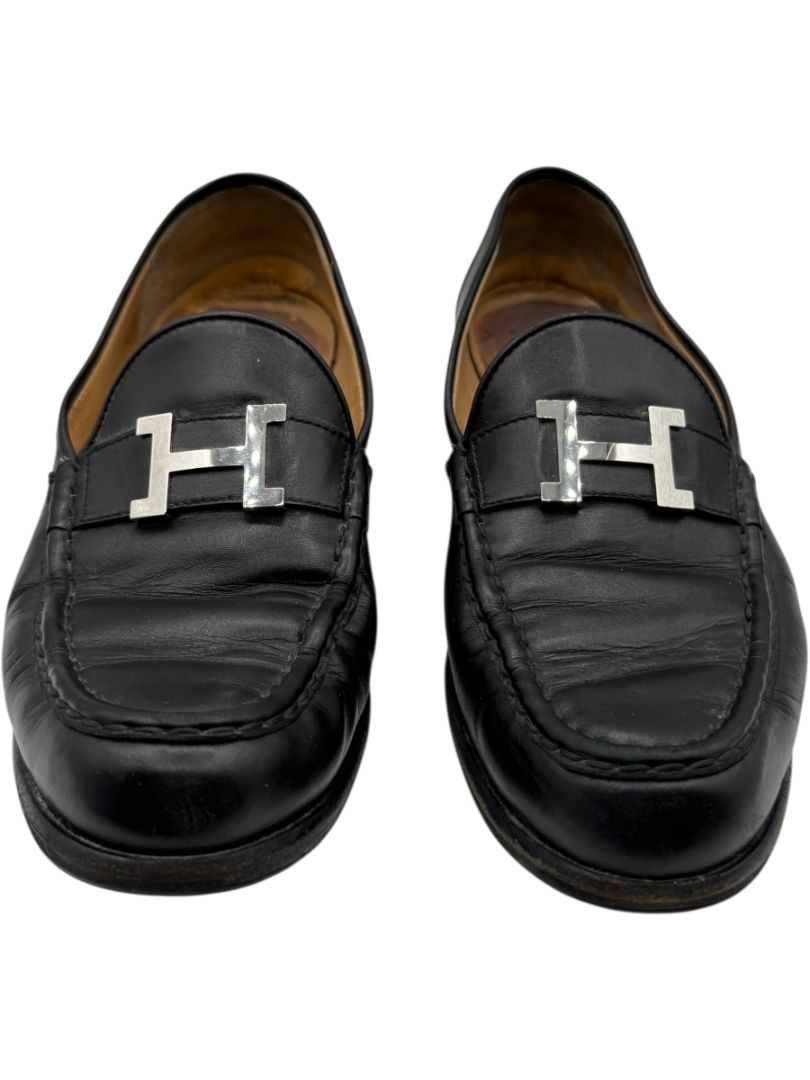 Hermès Black Leather H Logo Loafers – Size 41