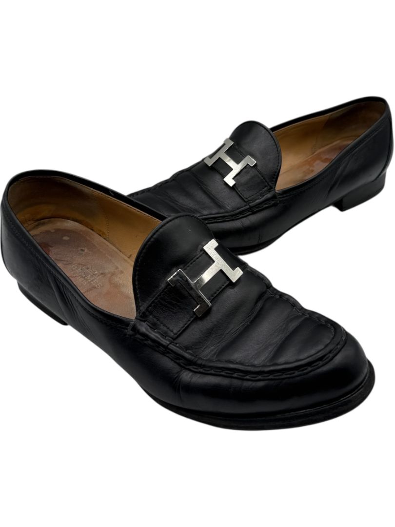 Hermès Black Leather H Logo Loafers – Size 41