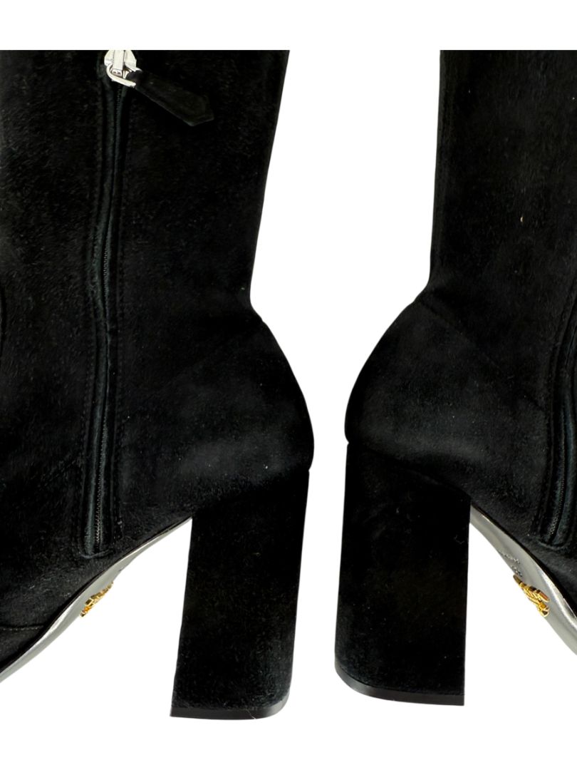 Prada Black Suede Block Heel Knee Boots – Size 39
