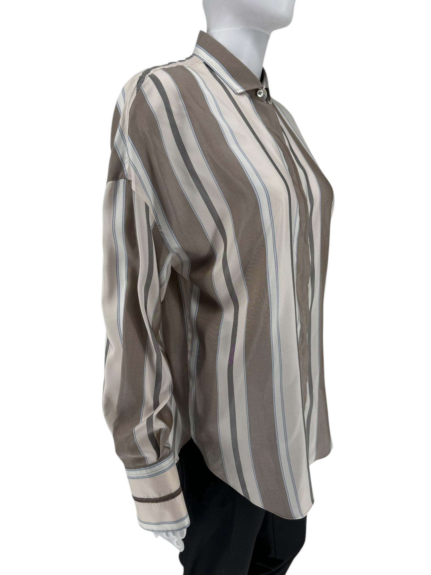 Brunello Cucinelli Italian Silk Striped Shirt with Monili Trim – Size M
