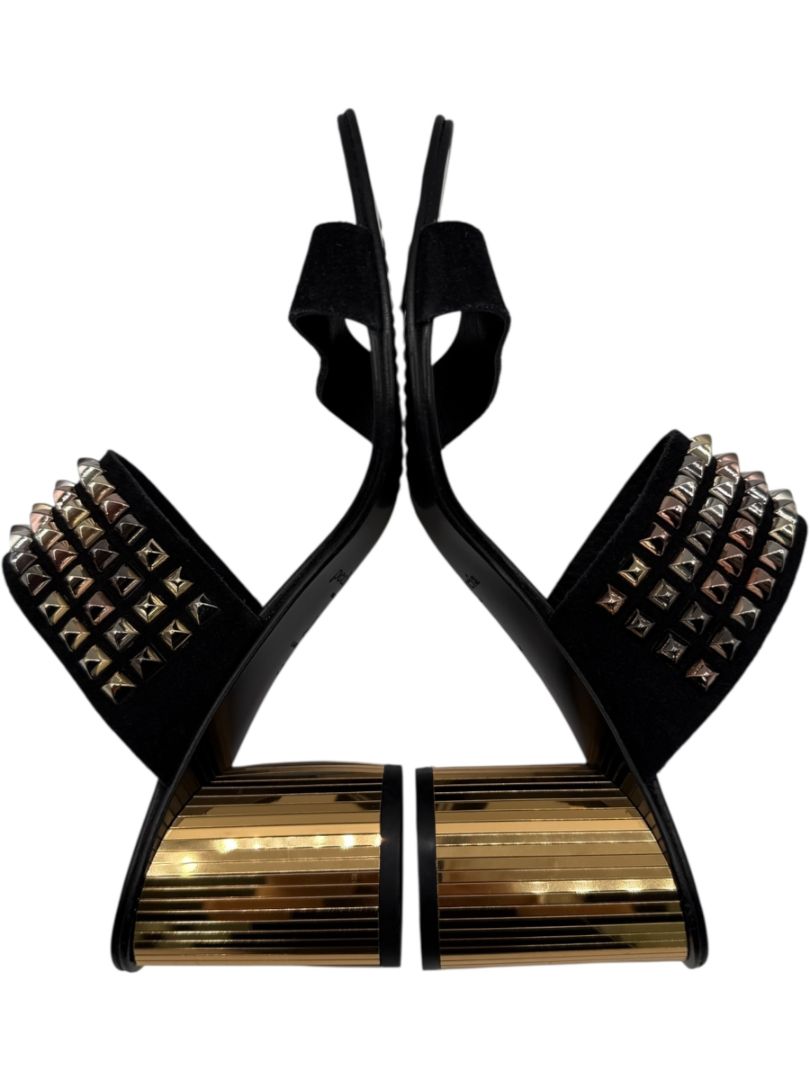 Pedro García Studded Suede & Metallic Block Heel Sandals – Size 39.5