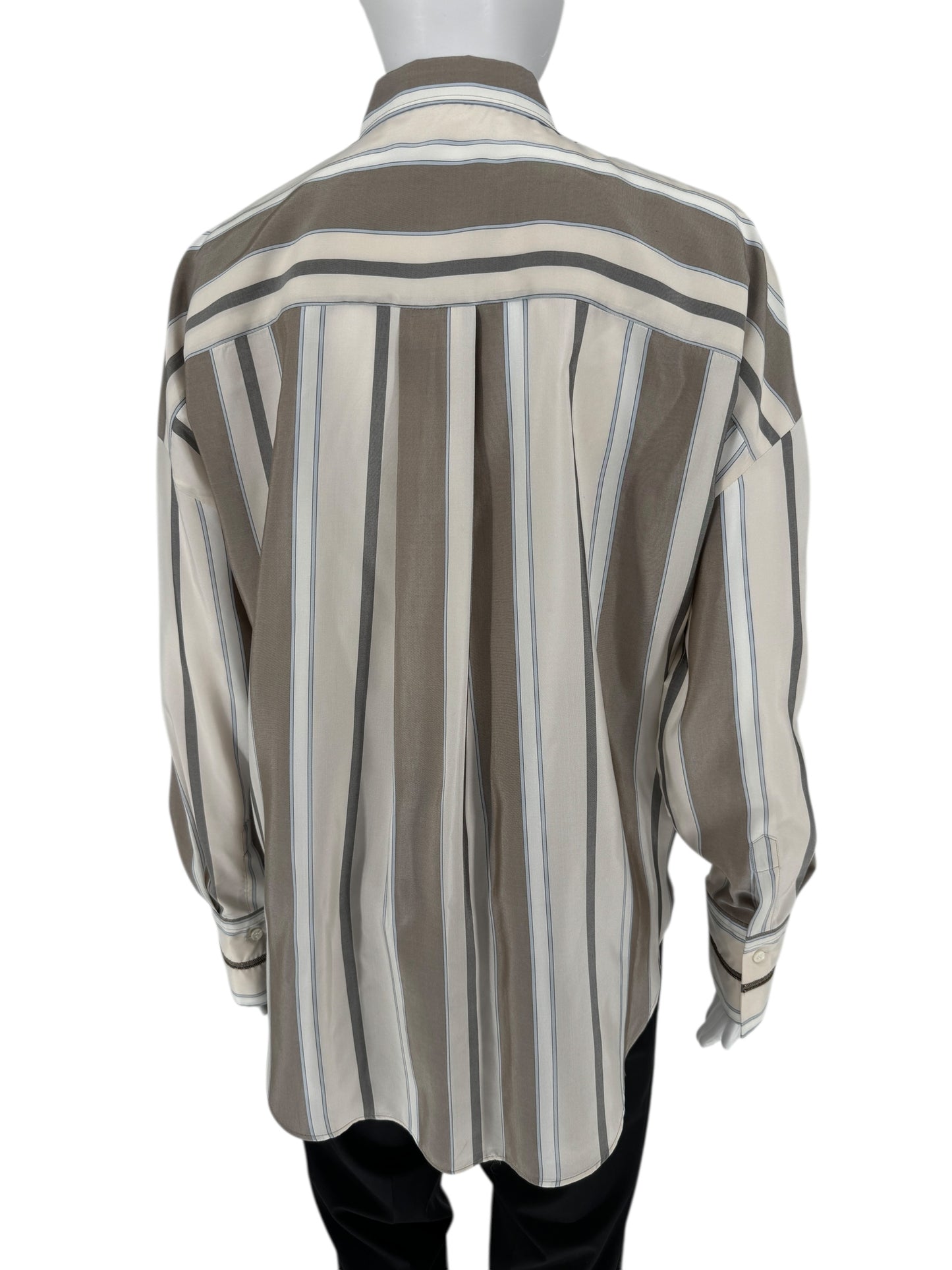 Brunello Cucinelli Italian Silk Striped Shirt with Monili Trim – Size M