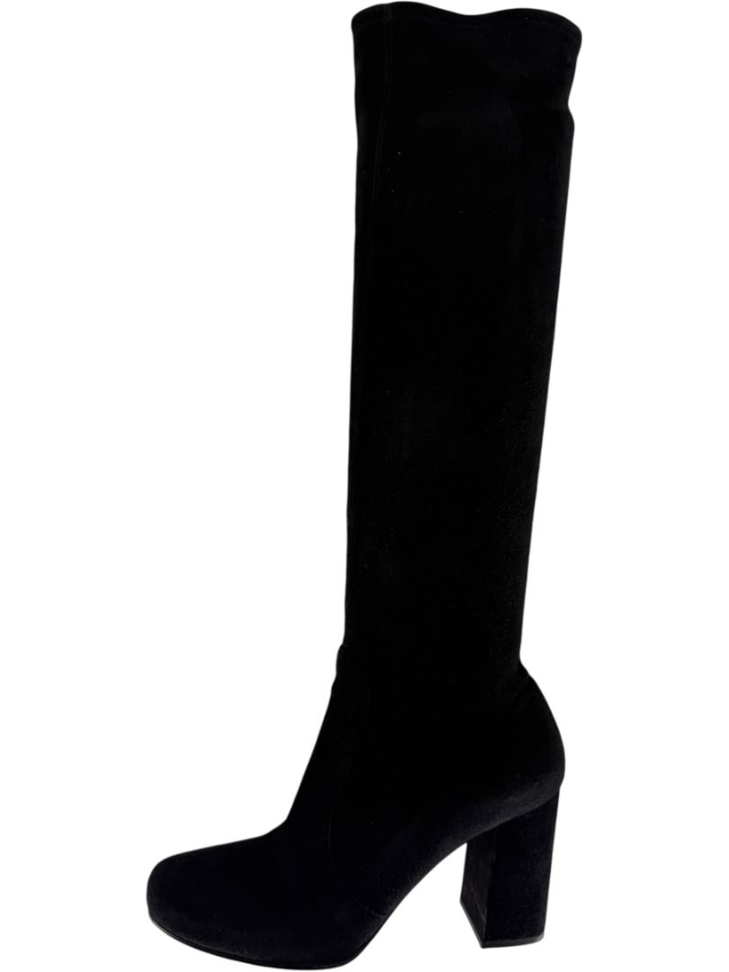 Prada Black Suede Block Heel Knee Boots – Size 39