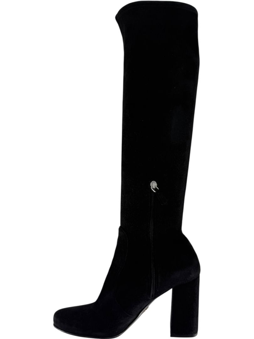 Prada Black Suede Block Heel Knee Boots – Size 39
