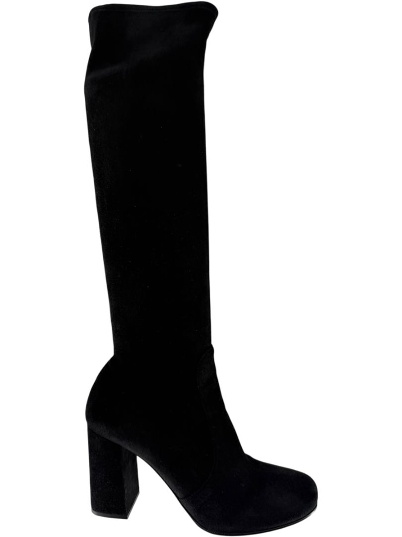 Prada Black Suede Block Heel Knee Boots – Size 39
