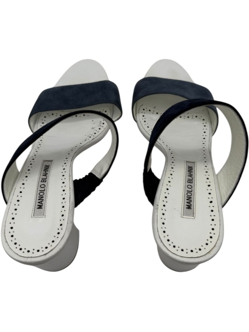 Manolo Blahnik Black Suede & White Leather Sandals - Size 39.5