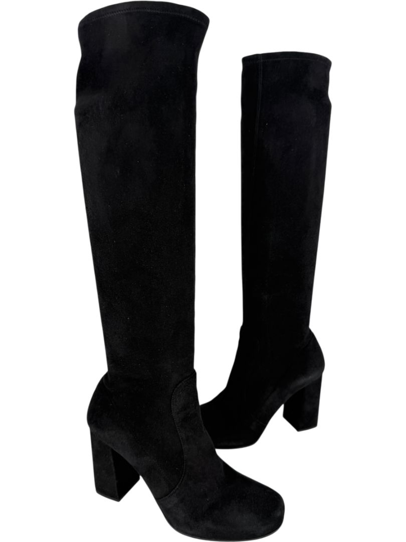 Prada Black Suede Block Heel Knee Boots – Size 39