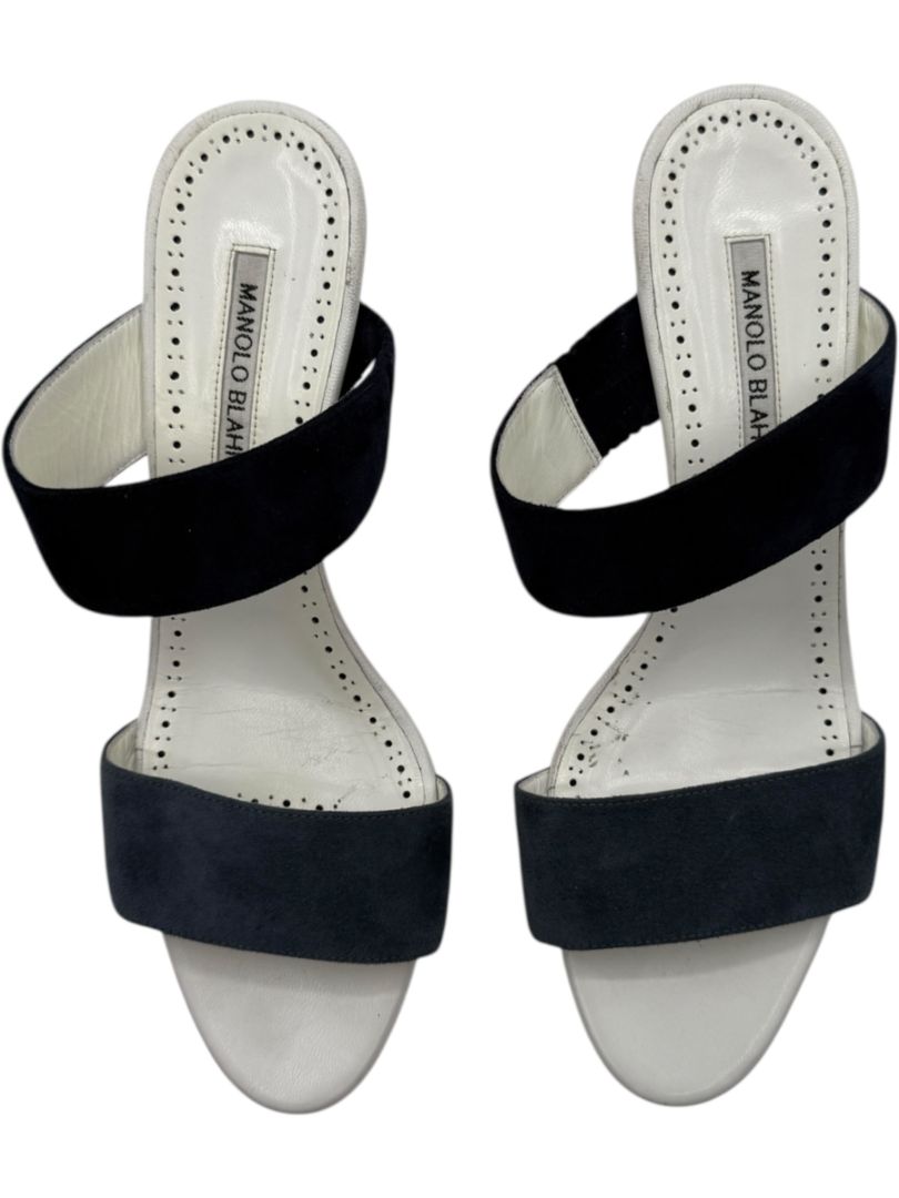 Manolo Blahnik Black Suede & White Leather Sandals - Size 39.5
