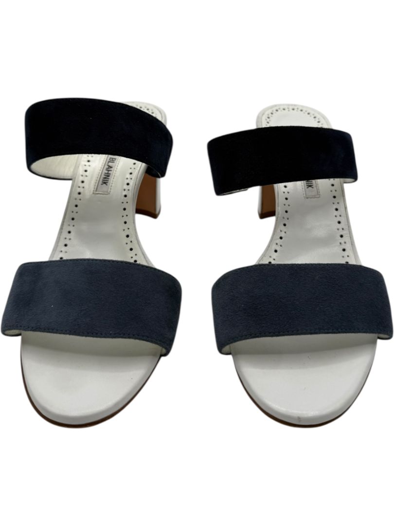 Manolo Blahnik Black Suede & White Leather Sandals - Size 39.5