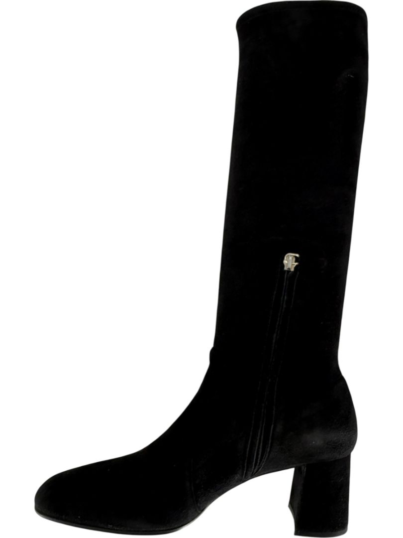 Prada Black Suede Block Heel Knee Boots – Size 39
