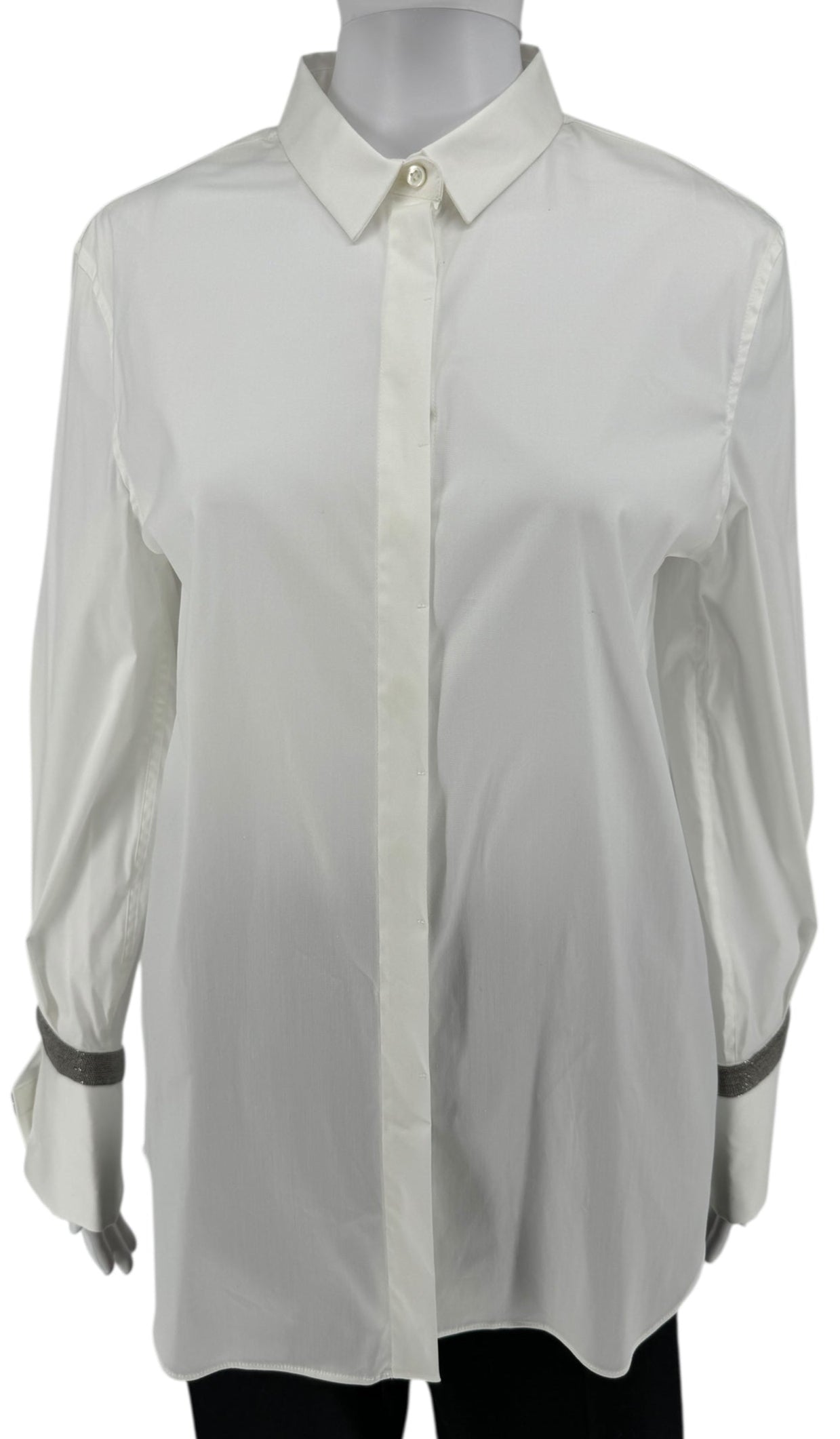 Brunello Cucinelli White Cotton Shirt with Monili Trim – Size L