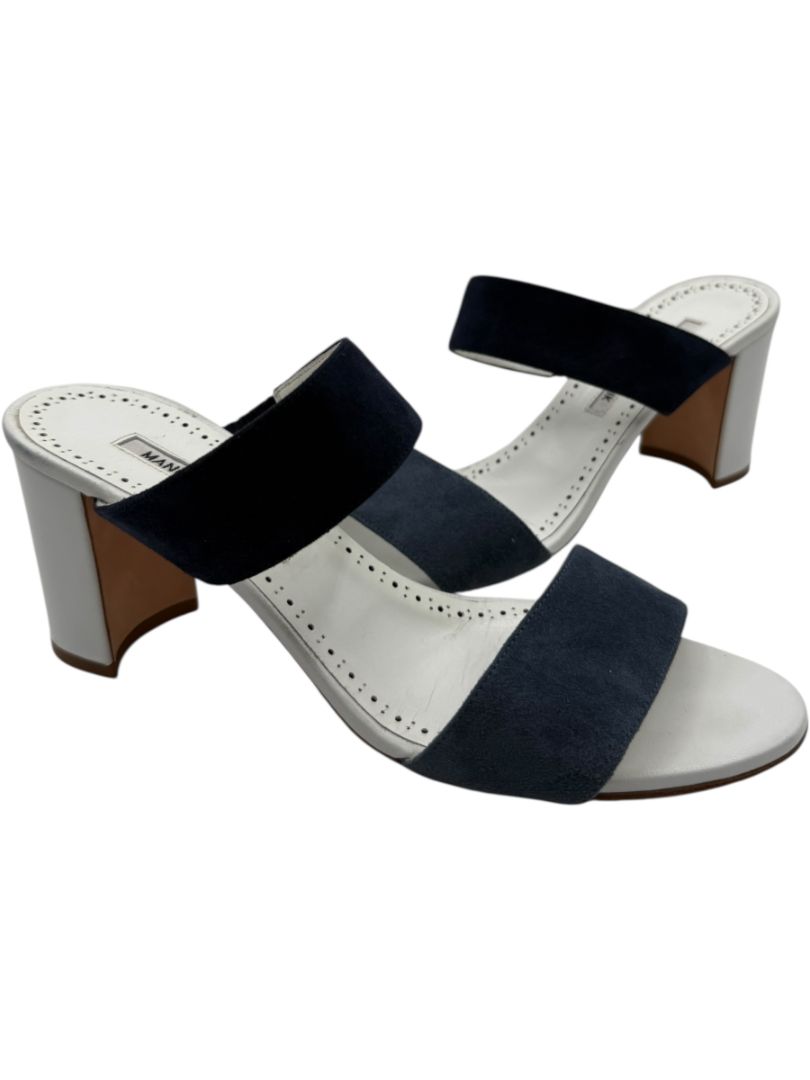 Manolo Blahnik Black Suede & White Leather Sandals - Size 39.5
