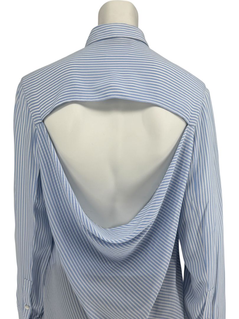 Valentino Blue & White Striped Silk Blouse with Draped Back – Size US 8
