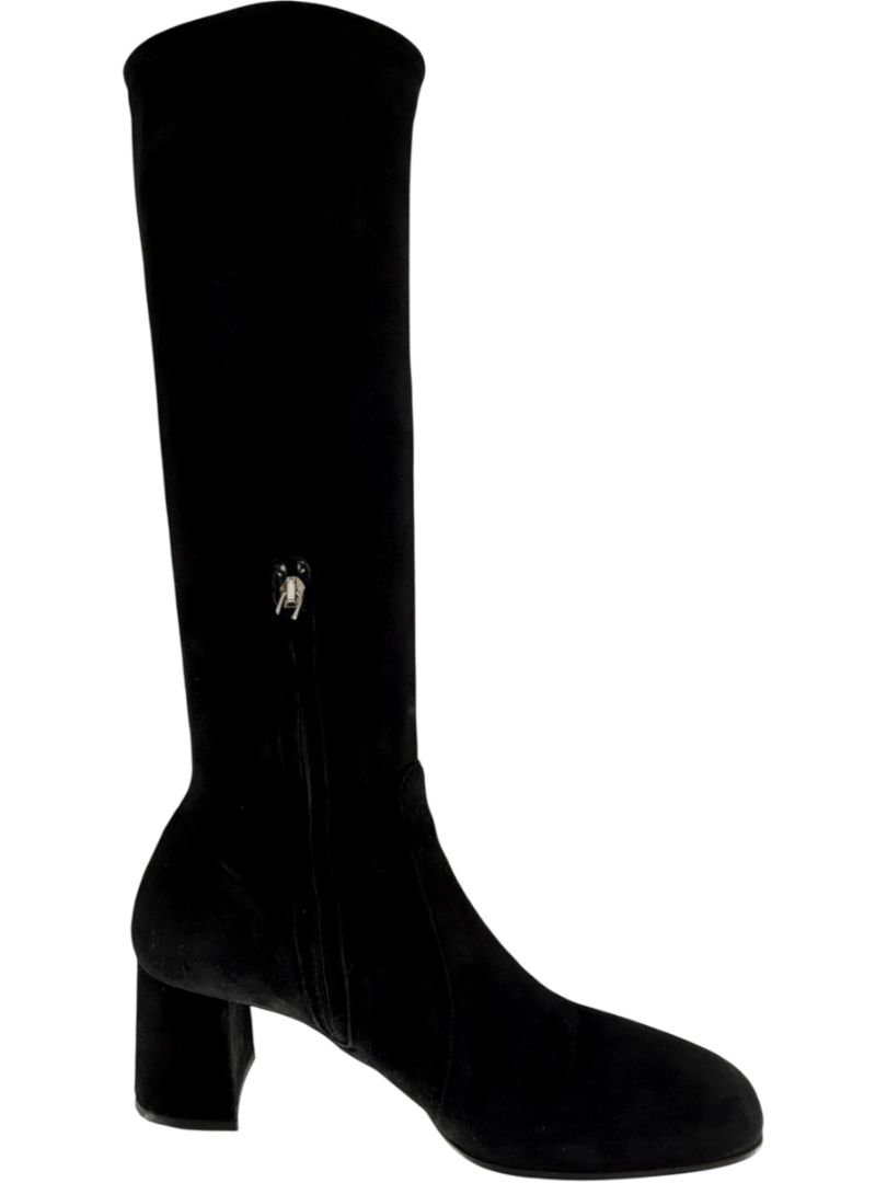 Prada Black Suede Block Heel Knee Boots – Size 39