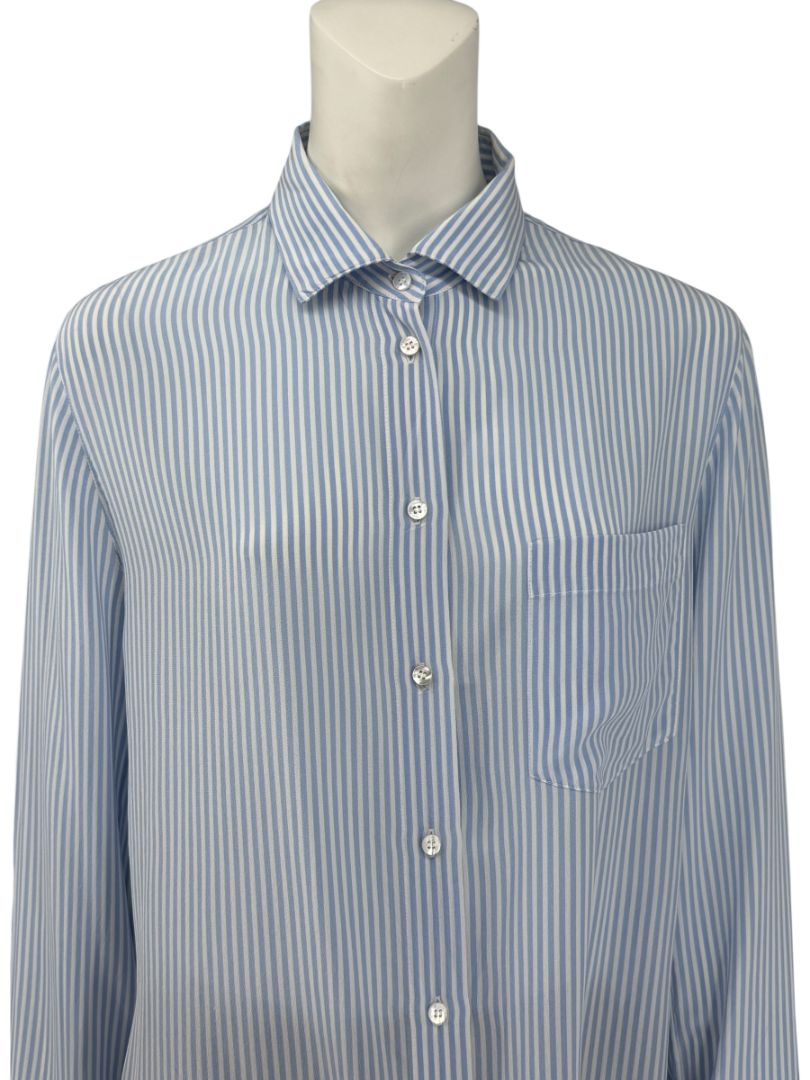 Valentino Blue & White Striped Silk Blouse with Draped Back – Size US 8
