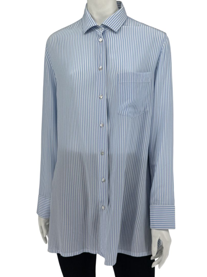 Valentino Blue & White Striped Silk Blouse with Draped Back – Size US 8