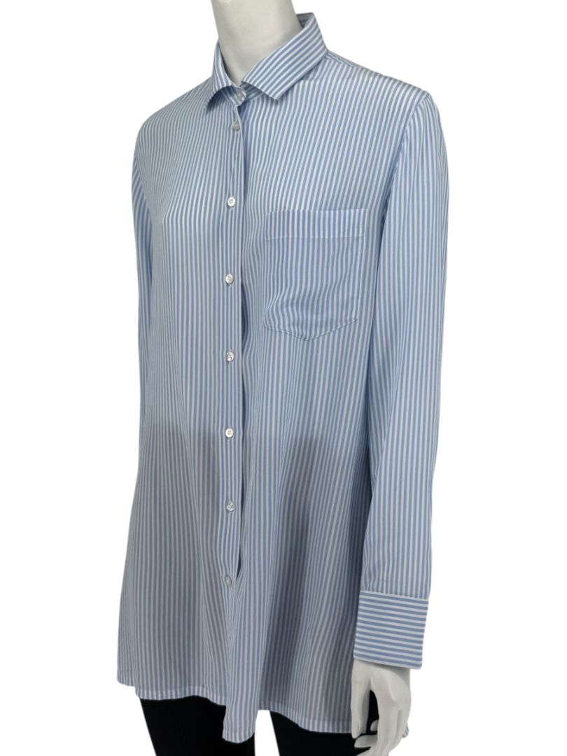 Valentino Blue & White Striped Silk Blouse with Draped Back – Size US 8