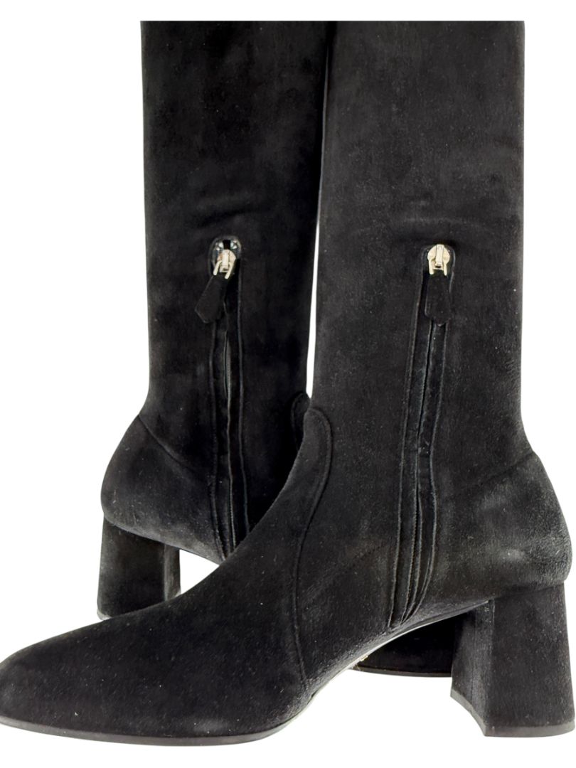 Prada Black Suede Block Heel Knee Boots – Size 39